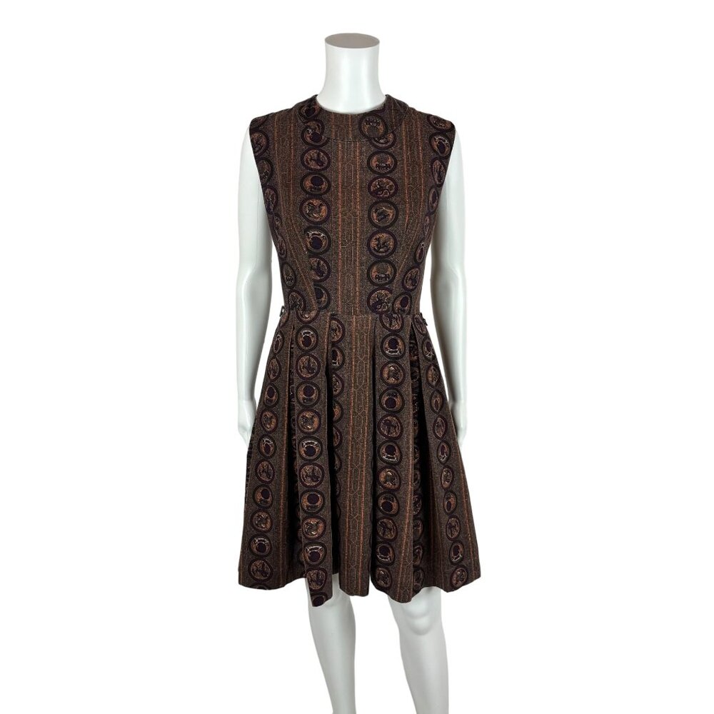 Vintage 50s Printed Dress Women's Small Brown Novelty Print Fit & Flare Sheath